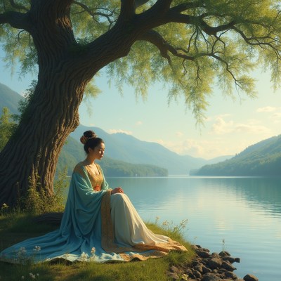 Woman in tranquil lakeside setting