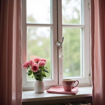 Cozy window with roses and tea