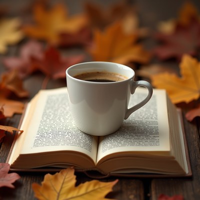 Coffee and book in autumn leaves