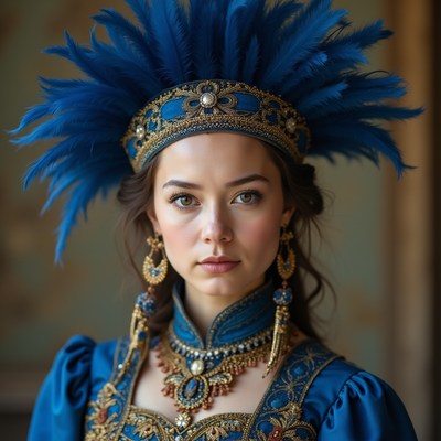 Young woman in blue costume with feathers