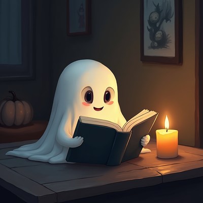 Cheerful ghost reading a book