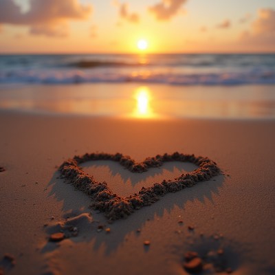 Heart drawn in sand at sunset