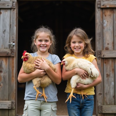 Two girls hold chickens outside barn