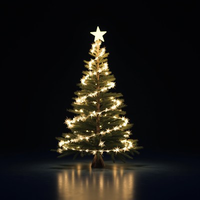 Brightly lit christmas tree in darkness