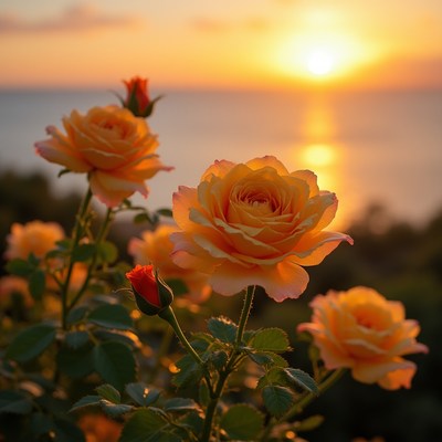 Sunset over bright yellow roses