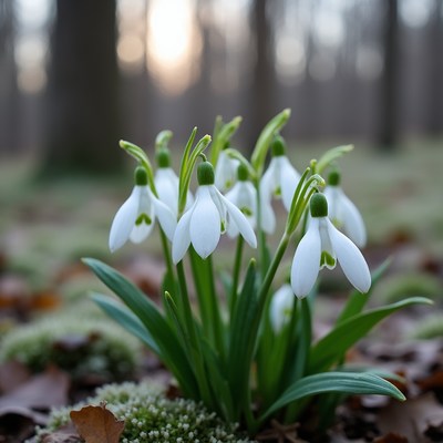 Snowdrops blooming in the forest