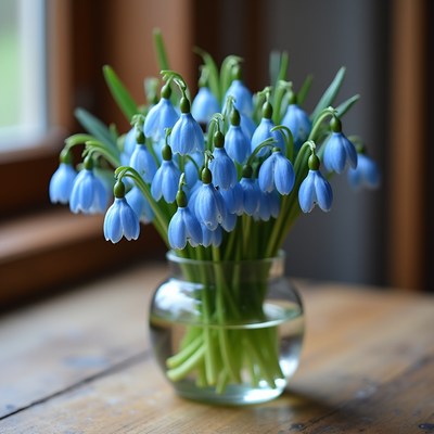 Blue flowers in a clear vase