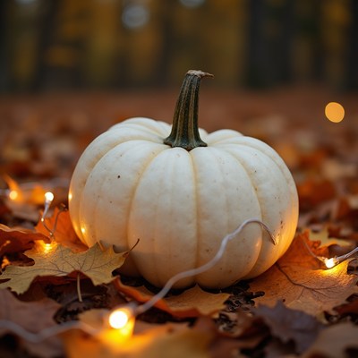 White pumpkin among autumn leaves