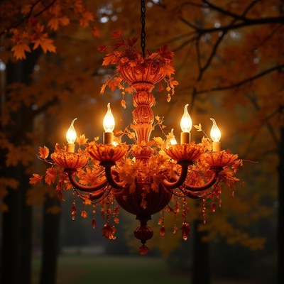 Chandelier glowing among autumn leaves