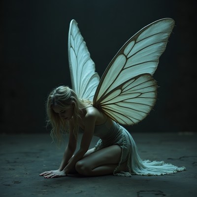 Fairy with butterfly wings in dark space