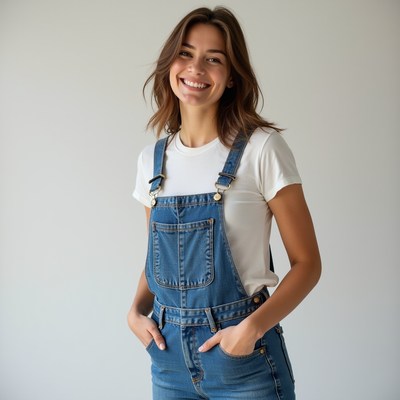 Smiling woman in denim overalls