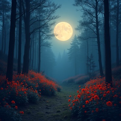 Moonlight over red flowers