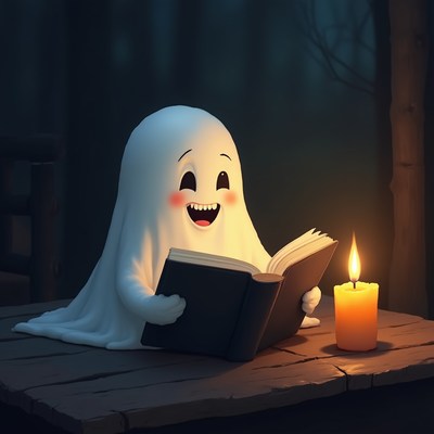 Happy ghost reading by candlelight