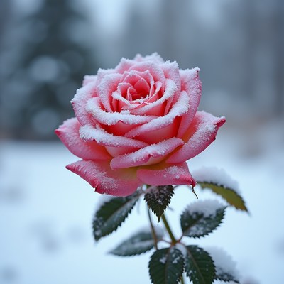 Snow-covered pink rose in winter