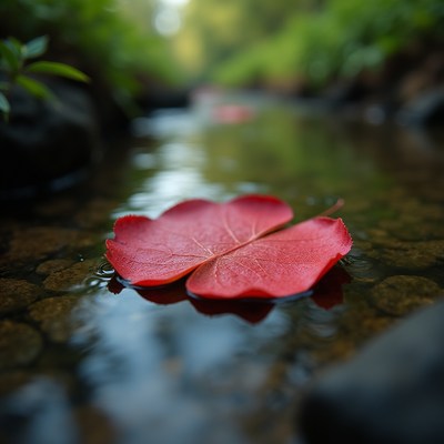 Red leaf on calm stream