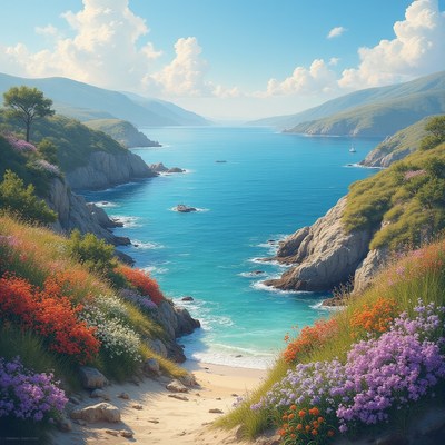 Scenic coastal view with flowers