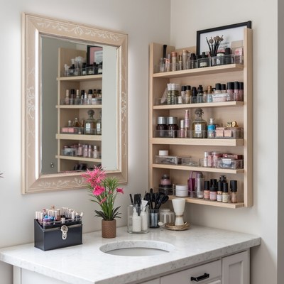 Organized beauty products in modern bathroom