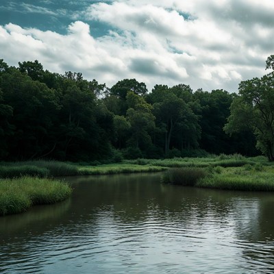 Serene river flowing through lush landscape