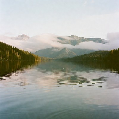 Calm lake reflecting serene mountains