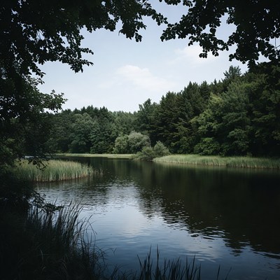 Calm lake surrounded by trees