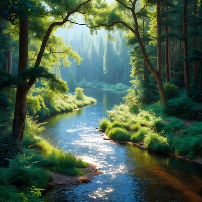 Sunlight shines through forest