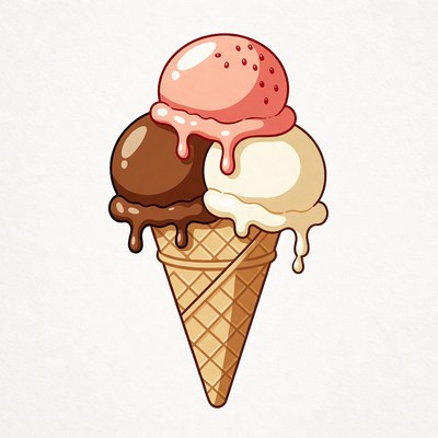 Colorful ice cream cone with three scoops