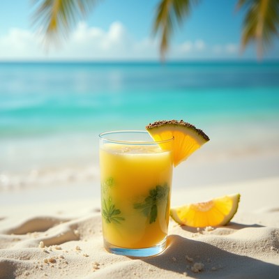 Refreshing drink on sandy beach