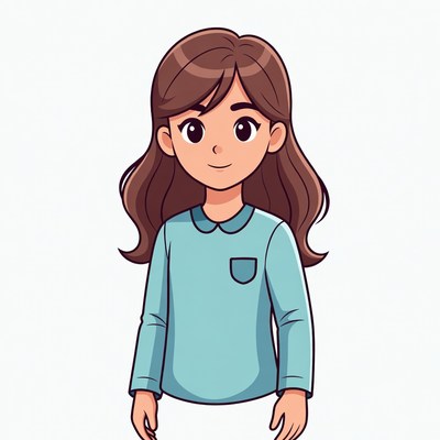 Girl with long brown hair in blue shirt