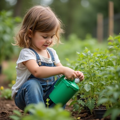 Young girl watering plants in garden