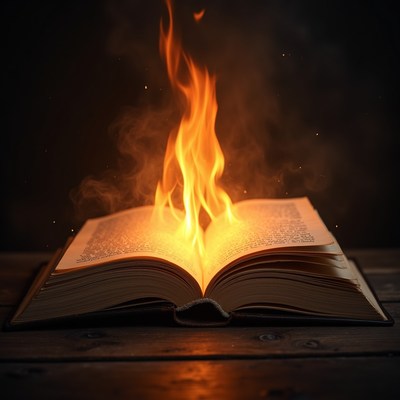 Flames rising from an open book