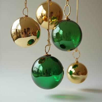 Shiny green and gold ornaments hanging