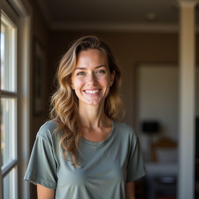 Smiling woman in cozy indoor setting