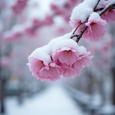 Cherry blossoms in winter snow