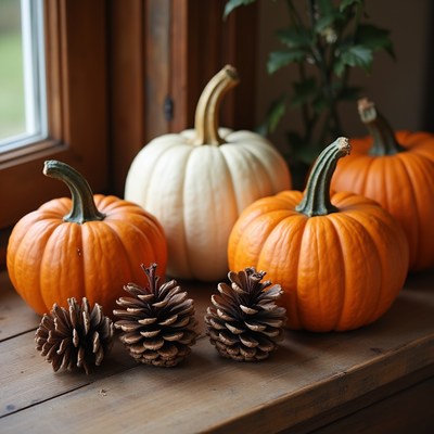 Autumn decorations with pumpkins and pinecones