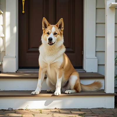 Dog sitting on porch steps