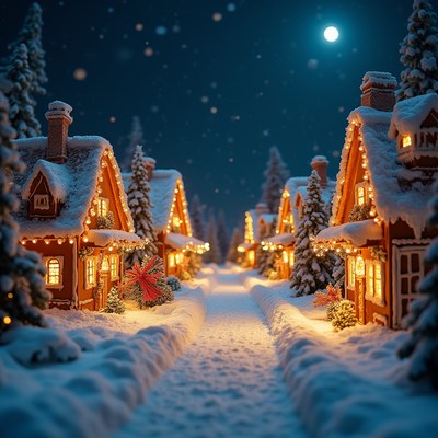 Winter village with glowing cottages