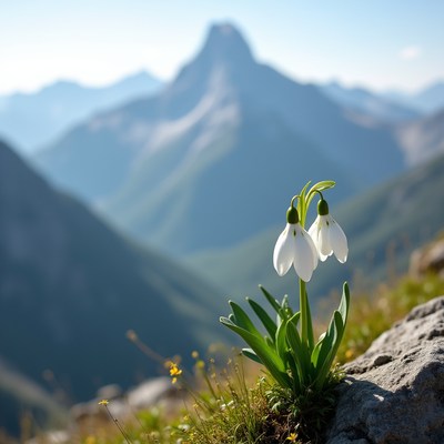 Snowdrop flowers near mountain summit