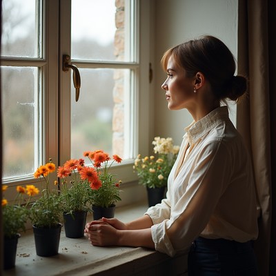 Woman looking out window with flowers