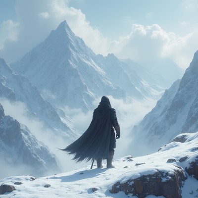 Snowy mountain landscape with figure