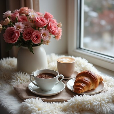 Breakfast by the window with flowers