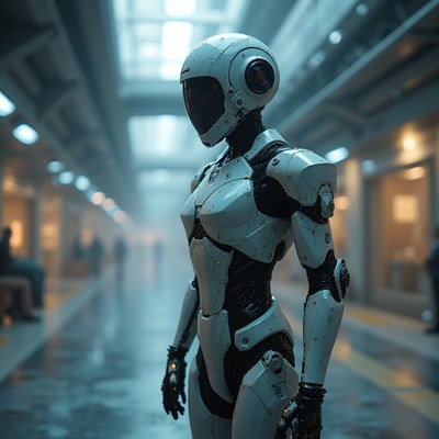 Robot stands in modern hallway