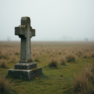 Cross in a foggy field