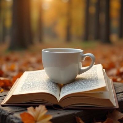 Coffee cup on open book in autumn forest