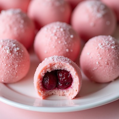 Pink dessert with cherry filling on a plate