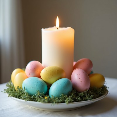Decorative eggs and candle display for spring