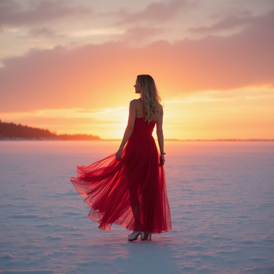 Woman in red dress at sunset
