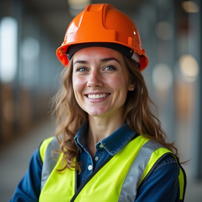 Construction worker smiles indoors at site