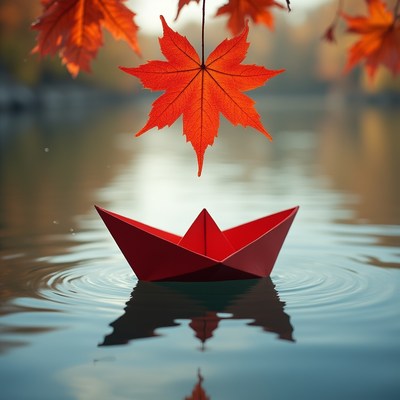 Red paper boat on calm water