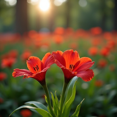 Bright flowers in the garden at sunset
