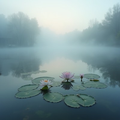 Mist over a quiet water lily pond